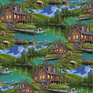 Cabin Fabric, Scenic Cabin Harmony by David Textiles Novelty Cotton Fabric, Cabin Scene Fabric