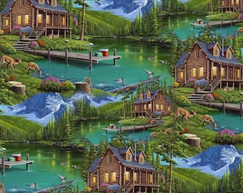 Cabin Fabric, Scenic Cabin Harmony by David Textiles Novelty Cotton Fabric, Cabin Scene Fabric