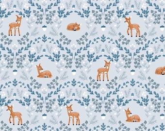 Deer Fabric, Wild Fawns Twilight Creatures on Ice Blue by Natàlia Juan Abelló for Riley Blake Quilting Cotton Fabric, C15361-ICE
