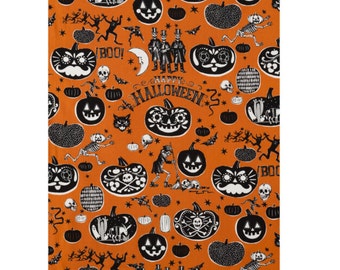 Orange Pumpkin Halloween Fabric, Alexander Henry Crafty Calaveras Orange Halloween Quilting Cotton Fabric, Large Print