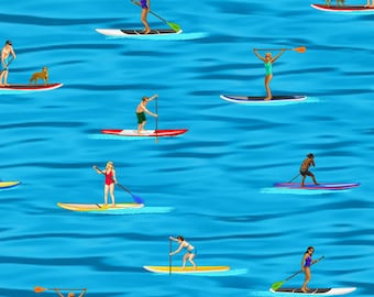 Paddle Board Fabric, Summer Sports Fabric, People Paddle Boarding on Blue Waves by Timeless Treasures Quilting Cotton Fabric
