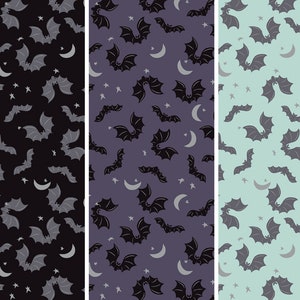 Bat Fabric, Spooky Hallow Metallic Bats on Black, Purple, or Mint by Riley Blake Quilting Cotton Fabric, Spooky Hallow Bats Halloween Fabric