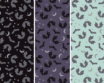 Bat Fabric, Spooky Hallow Metallic Bats on Black, Purple, or Mint by Riley Blake Quilting Cotton Fabric, Spooky Hallow Bats Halloween Fabric