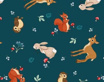 Woodland Animal Fabric, Forest Babies in Spruce Green Midnight Forest by Belle and Boo from Michael Miller Quilting Cotton Fabric
