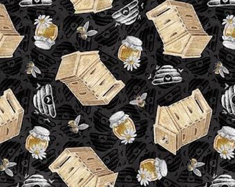 Beehive Fabric, Bees with Beehives on Charcoal Late Summer Harvest Collection by Blank Quilting Cotton Fabric, Bumble Bee and Daisy Fabric