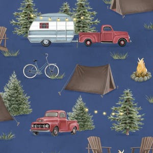 Camping Fabric, Camping Scenic Allover on Navy by Danielle Murray Wilmington Prints Quilting Cotton Fabric, Evergreen Escape