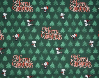 Peanuts Merry Christmas Snoopy Licensed Novelty Cotton Fabric, Peanuts Christmas Fabric, Green Snoopy Merry Christmas Fabric, Santa Snoopy