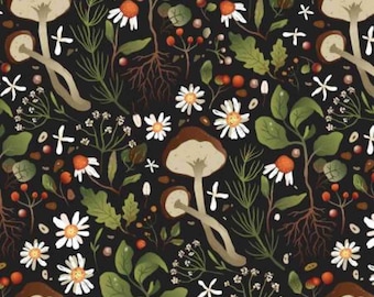 Mushroom Floral Fabric, Woodland Mushrooms on Black by David Textiles Novelty Cotton Fabric
