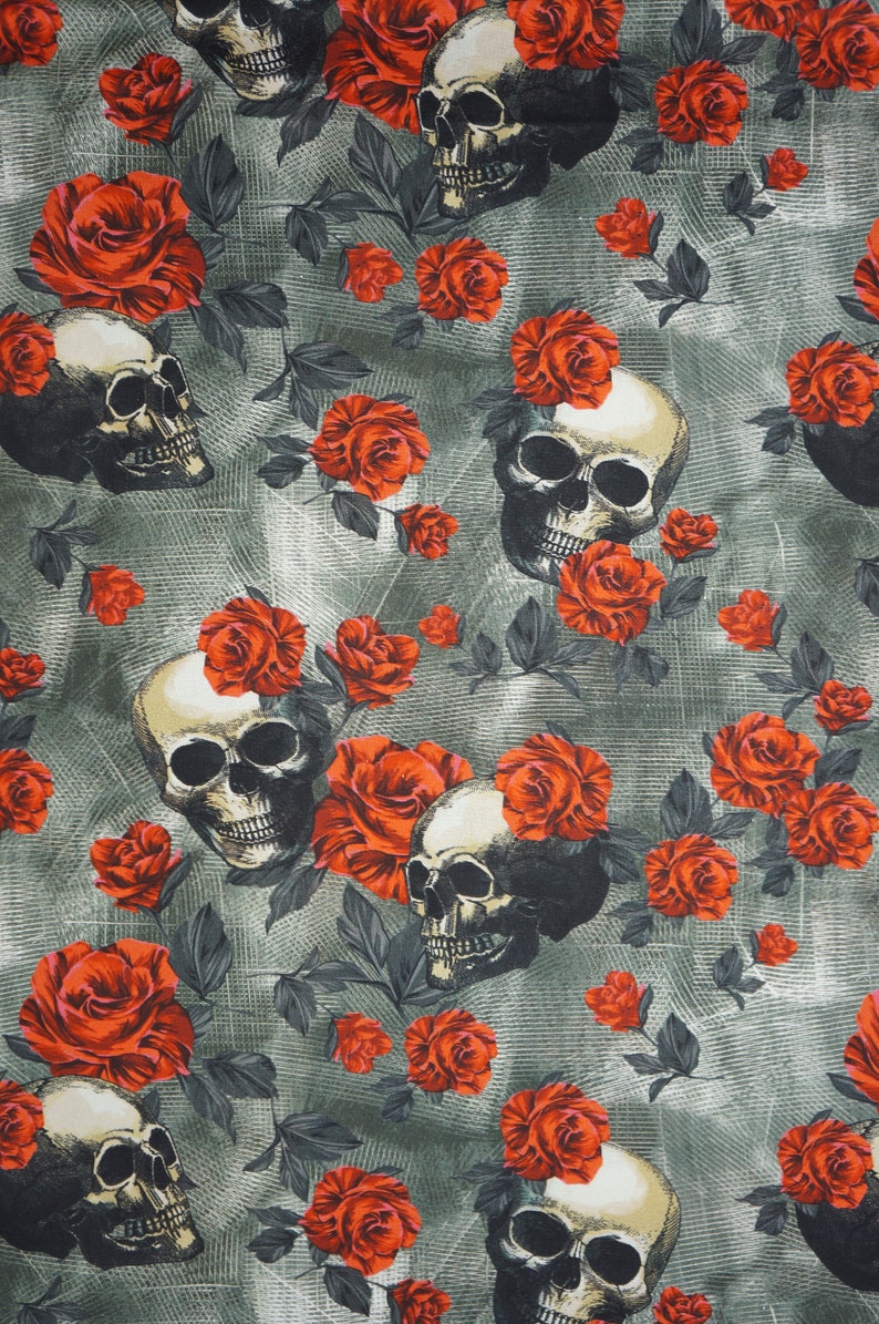 Skulls And Roses Fabric, Tossed Skulls and Red Roses Novelty Cotton Fabric image 6