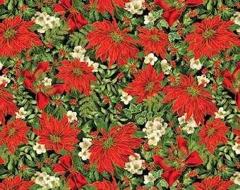 Poinsettia Fabric, Poinsettia Serenade on Black with Gold Metallic Accents Christmas Musical by Benartex Quilting Cotton Fabric 14027M-12B