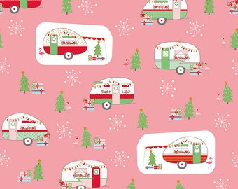 Christmas Campers on Peony Pink with Sparkle Metallic by Riley Blake Christmas Adventure Collection Quilting Cotton Fabric SC10730-PEONY