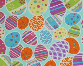 Easter Eggs on Aqua Blue Novelty Cotton Fabric, Bright Easter Cotton Fabric, Decorated Easter Egg Fabric