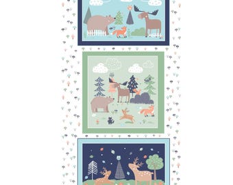 Woodland Animal Panel Flannel Fabric, Cozy Forest Panel on White 24"x43" by Kanvas Studio for Benartex Comfort Flannel Fabric, Nursery