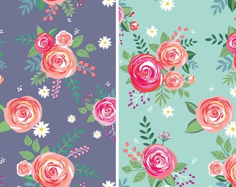 Poppy and Posey Main Amethyst and Mint by Riley Blake Quilting Cotton Fabric C10580, Purple Floral, Mint Floral Fabric, Ranuncula, Rose