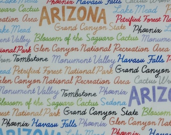 Arizona State Pride Fabric, Arizona State Pride Tossed Words Novelty Cotton Fabric, Arizona Cities and Places of Interest Fabric