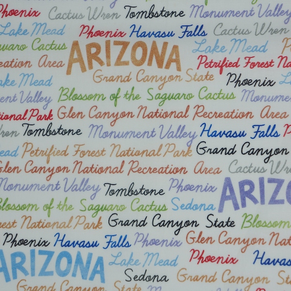 Arizona State Pride Fabric, Arizona State Pride Tossed Words Novelty Cotton Fabric, Arizona Cities and Places of Interest Fabric