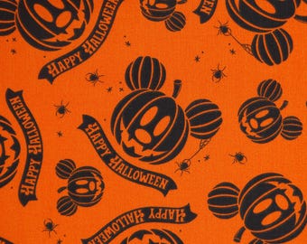 Halloween Mickey Ears Pumpkin Fabric, Disney Mickey Mouse Pumpkin Face on Orange Licensed Disney Novelty Cotton Fabric by Springs Creative