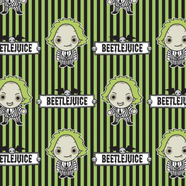 Beetlejuice Fabric, Green Chibi Beetlejuice Licensed by Camelot Quilting Cotton Fabric, Halloween Movie Fabric 23380108-1
