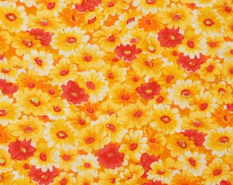 Daisy Fabric, Orange Yellow and Red Daisys by Fabric Traditions Novelty Cotton Fabric, Orange Flowers Fabric