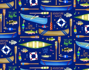 Lake Life Fabric, Lake Life on Navy Sail Away by Andi Metz for Benartex Kanvas Studio Quilting Cotton Fabric, Fishing Fabric, 14446-56B