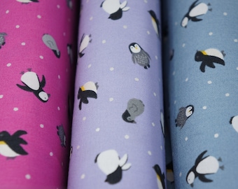 Pearlized Tossed Penguins in Pink, Purple and Blue by Lewis and Irene Small Things Polar Animals Collection Quilting Cotton Fabric