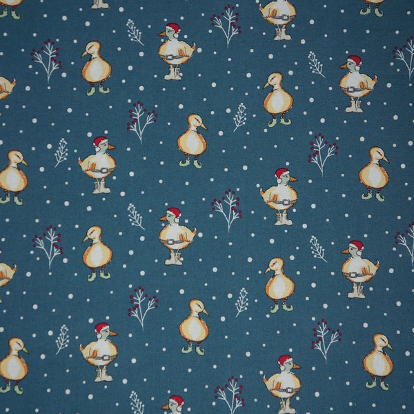 Christmas Ducks, Christmas Critters on Blue by The Craft Cotton Company Novelty Cotton Fabric, Santa Duck, Santa Duckling