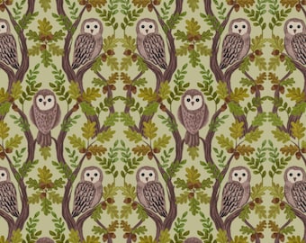 Owl Fabric, Wise Owls on Green Old Quercus by Lewis and Irene Quilting Cotton Fabric A932.B
