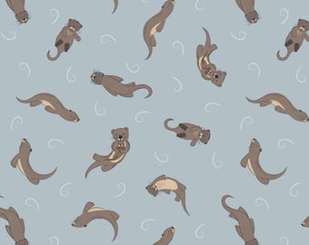Otter Fabric, Otters on Muted Blue Small Things Lewis and Irene Quilting Cotton Fabric SM78.1