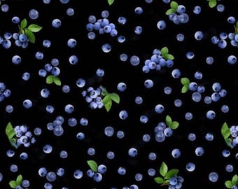 Blueberry Fabric, Blueberries on Black by Benartex Quilting Cotton Fabric, Summertime Fabric, Berry Fabric, 12641B-12