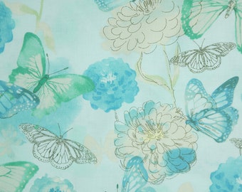 Teal and Green Watercolor Floral Butterfly Quilting Cotton Fabric