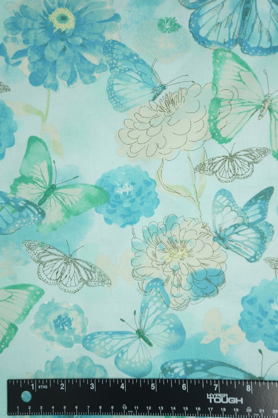 Teal and Green Watercolor Floral Butterfly Quilting Cotton | Etsy