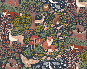 Woodland Animal Fabric, Night Enchanted Under the Canopy Collection by Jennifer Moore for Winham Organic Quilting Cotton Fabric