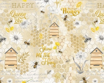 Honey Bee Fabric, Honey Bee Collage on Beige from the Bee and Bee Kind Collection by Timeless Treasures Digital Quilting Cotton Fabric