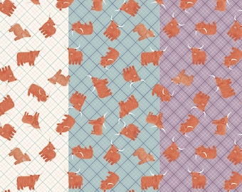 Highland Cow Fabric, Highland Check on Cream, Blue or Purple A Celtic Summer by Lewis & Irene Quilting Cotton Fabric A992