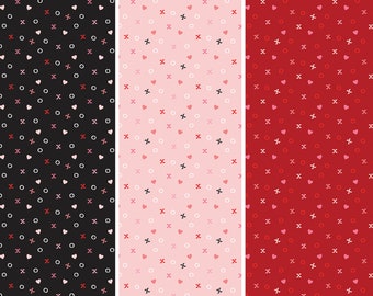 Red Hugs and Kisses Fabric, Falling in Love Xs and Os Black Pink or Red by Riley Blake Quilting Cotton Fabric, Valentine Fabric