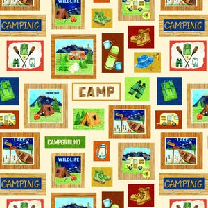 Camping Fabric, Let&#39;s Camp Blocks on Cream Live, Love, Camp Benartex Kanvas Studio Quilting Cotton Fabric, Camping Squares, 14449-07B