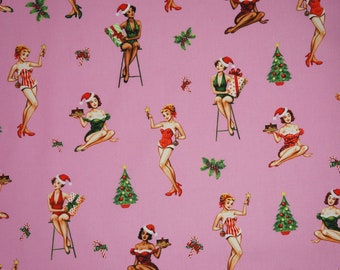 Christmas Darlings on Pink, Christmas Pinup Girls, Under the Mistletoe by Michael Miller Fabrics Quilting Cotton Fabric