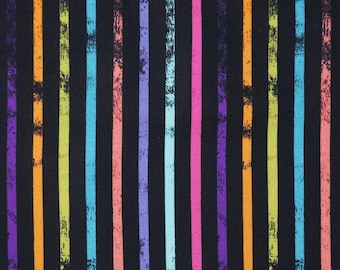 Rainbow Stripe Fabric, Multi Weathered Stripe on Black by Dear Stella Quilting Cotton Fabric, Colorful Stripe Fabric, DPJ2778 MULTI