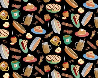 Fall Treat Fabric, Warm and Cozy Treats on Black by Andi Metz for Benartex Kanvas Studio Quilting Cotton Fabric, 14233-12B
