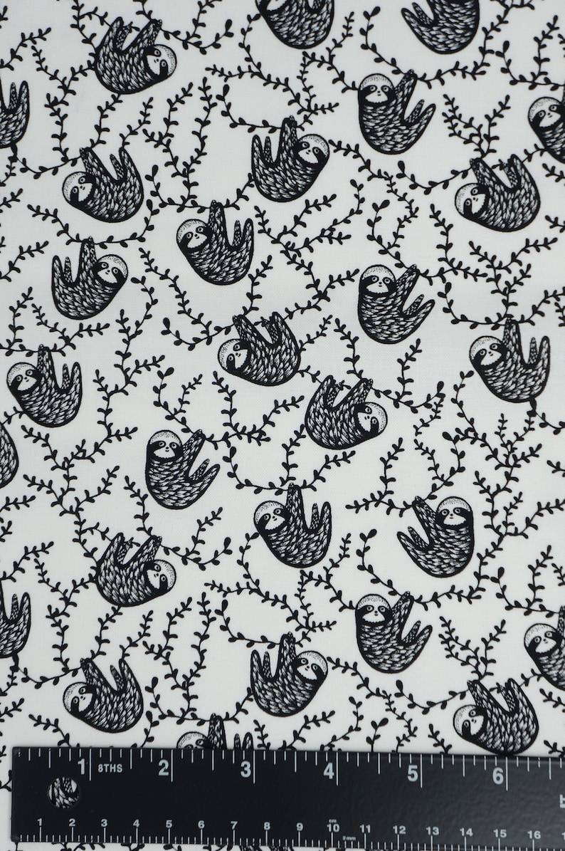 Black and White Sloths By Dear Stella Quilting Cotton Fabric, Small Print Sloths, ST-WG1985WHITE, ABC Menagerie by Wee Gallery Collection immagine 2