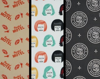Schitt's Creek Moira's Wigs, You're my Bebe, Rosebud Apothecary, Rosebud Motel Licensed by Camelot Fabric Novelty Cotton Fabric