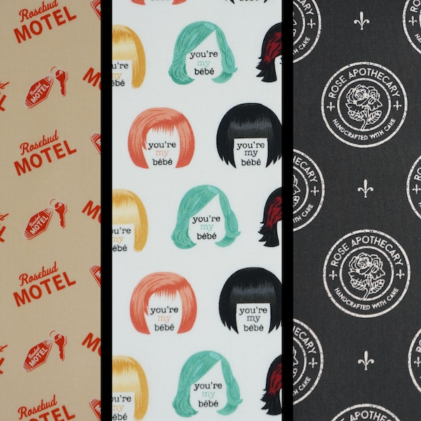 Schitt's Creek Moira's Wigs, You're my Bebe, Rosebud Apothecary, Rosebud Motel Licensed by Camelot Fabric Novelty Cotton Fabric