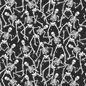Tela de Halloween con esqueletos que brillan en la oscuridad, tela de algodón para patchwork Benartex con estampado de esqueletos sobre fondo negro que brilla en la oscuridad, modelo 12542G-12B imagen 1