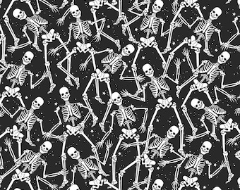 Glow Halloween Skeleton Fabric, Skeleton Crew on Black Glow in the Dark Halloween Spirit by Benartex Quilting Cotton Fabric, 12542G-12B
