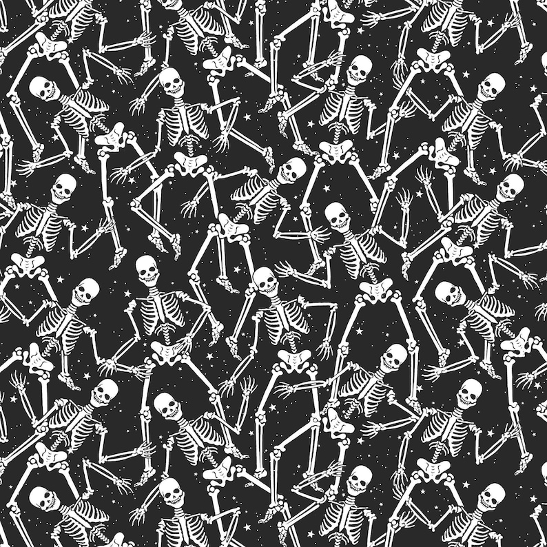 Tela de Halloween con esqueletos que brillan en la oscuridad, tela de algodón para patchwork Benartex con estampado de esqueletos sobre fondo negro que brilla en la oscuridad, modelo 12542G-12B imagen 1