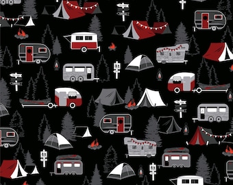 Camping Fabric, Gone Camping on Black Great Outdoors by Benartex Kanvas Studio Quilting Cotton Fabric, Camping Gear Fabric, 12937-12B