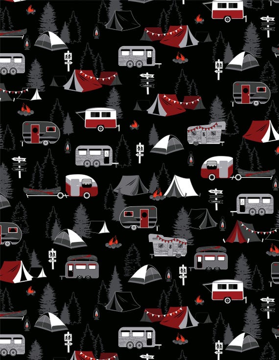 Camping Fabric, Gone Camping on Black Great Outdoors by Benartex Kanvas Studio Quilting Cotton Fabric, Camping Gear Fabric, 12937-12B