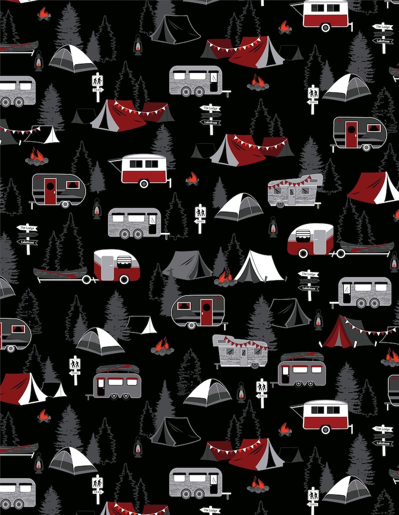 Camping Fabric, Gone Camping on Black Great Outdoors by Benartex Kanvas Studio Quilting Cotton Fabric, Camping Gear Fabric, 12937-12B image 1