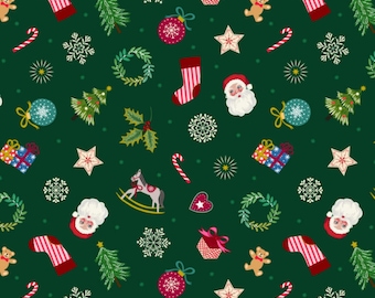 Festive Things Fabric, Little Festive Things on Green with Gold Metallic Accents by Lewis and Irene Quilting Cotton Fabric C120.3