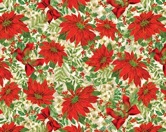 Poinsettia Fabric, Poinsettia Serenade on Cream with Gold Metallic Accents Christmas Musical by Benartex Quilting Cotton Fabric 14027M-07B
